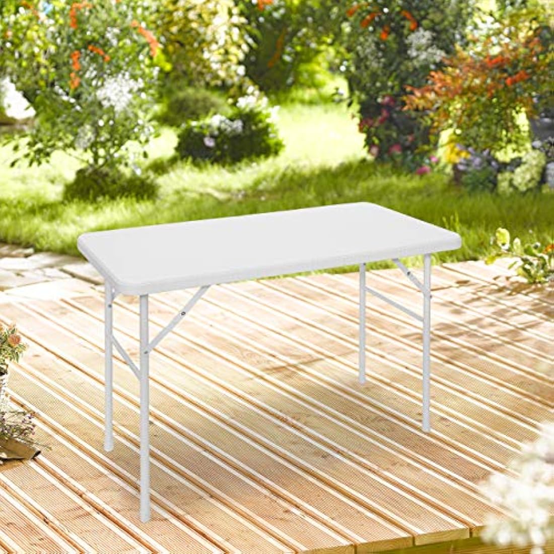 Relaxdays BASTIAN Rectangular Patio Table Folding Table 74 x 121.5 x 61 cm, Folding Table for Backyard, Balcony or Porch with Metal Frame, Rattan Look Side Table or Camping Table, White