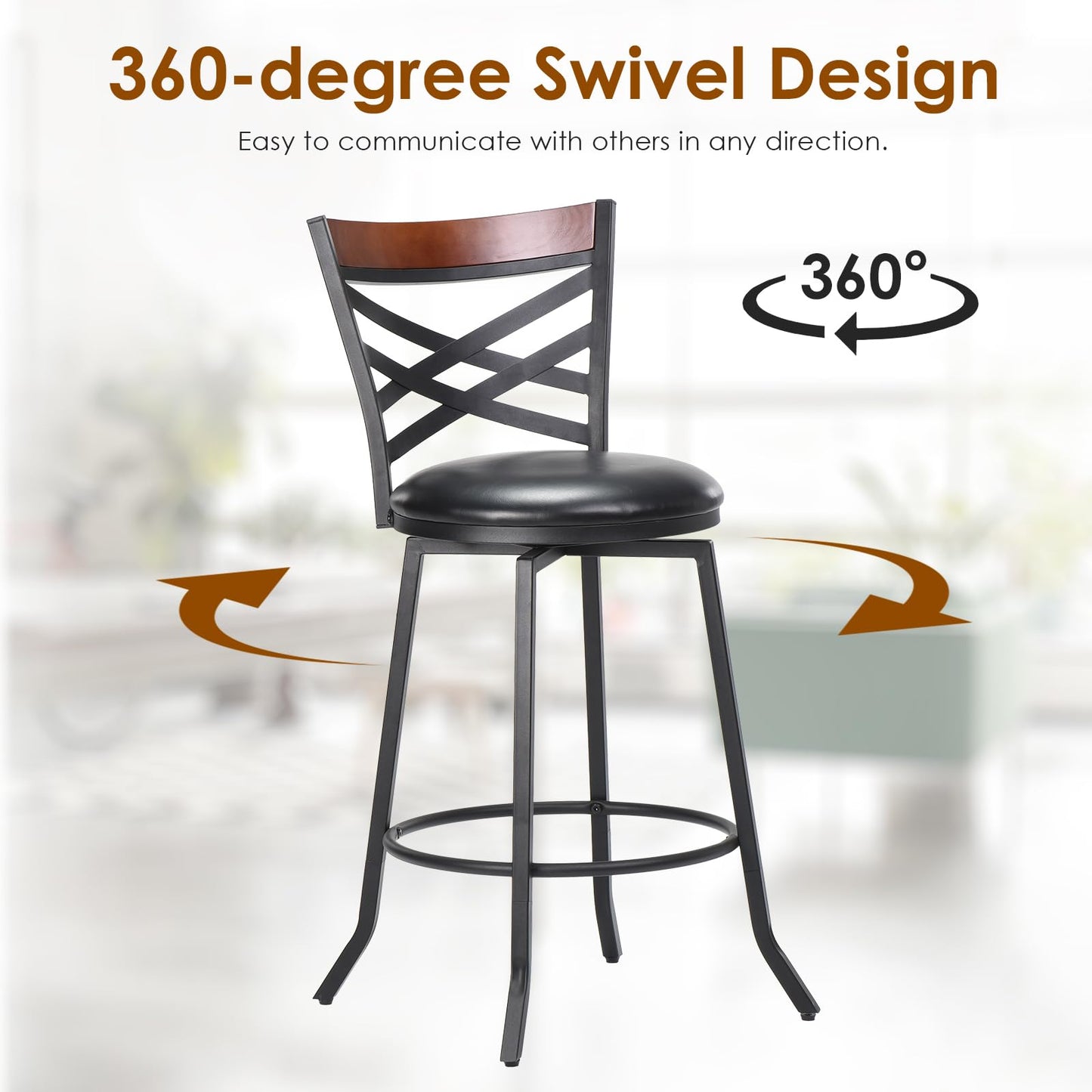 Farini Swivel Bar Stools Set of 2, Country Style Chairs with Back and Footrest for Kitchen Island, Pub, Restaurant