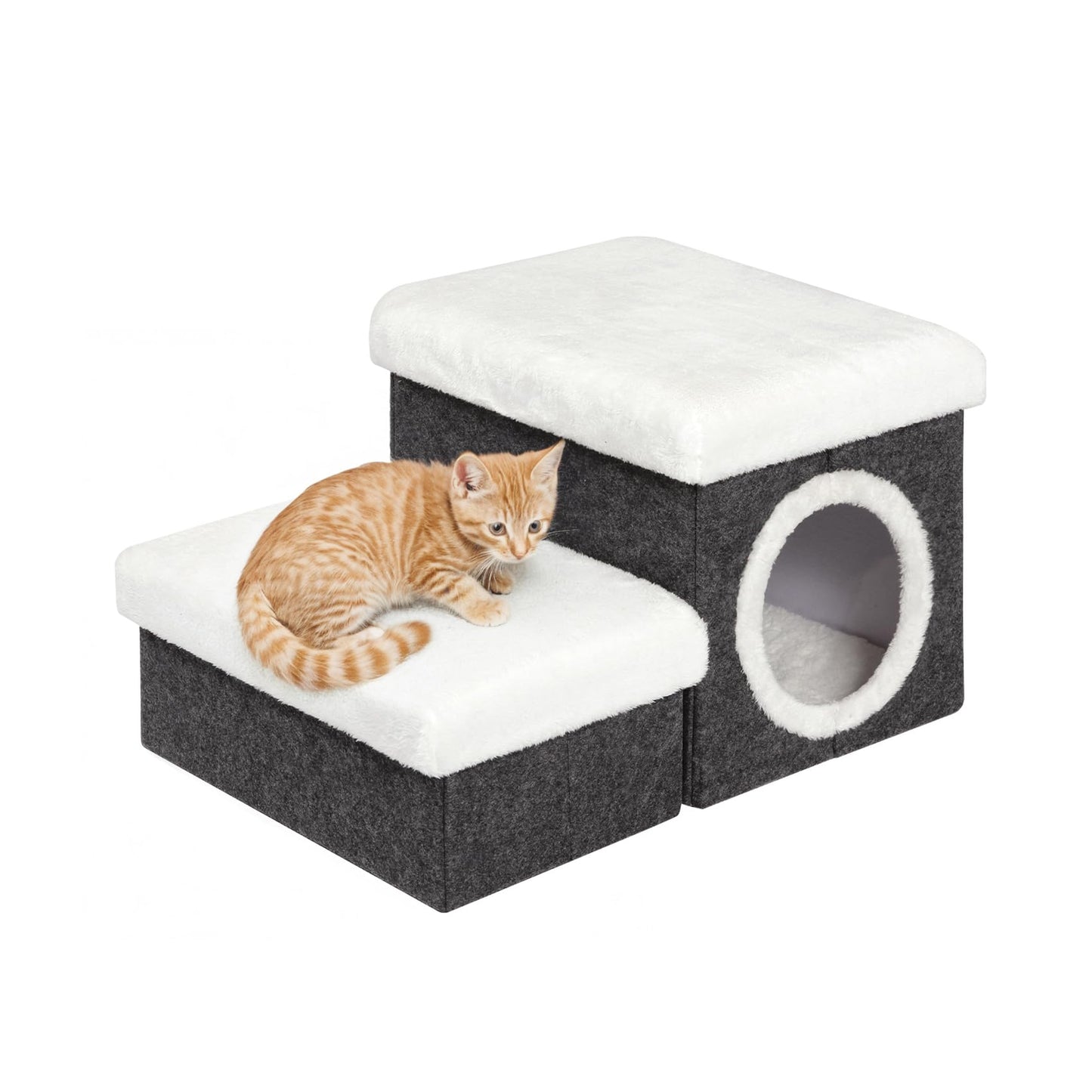 Bonlife Cat House Pet Stairs for Beds Sofa, Dog Bed for Indoor, Foldable Cat Climb Ladder with Storage,2-Tier Pet Steps with Toy Box,Dark