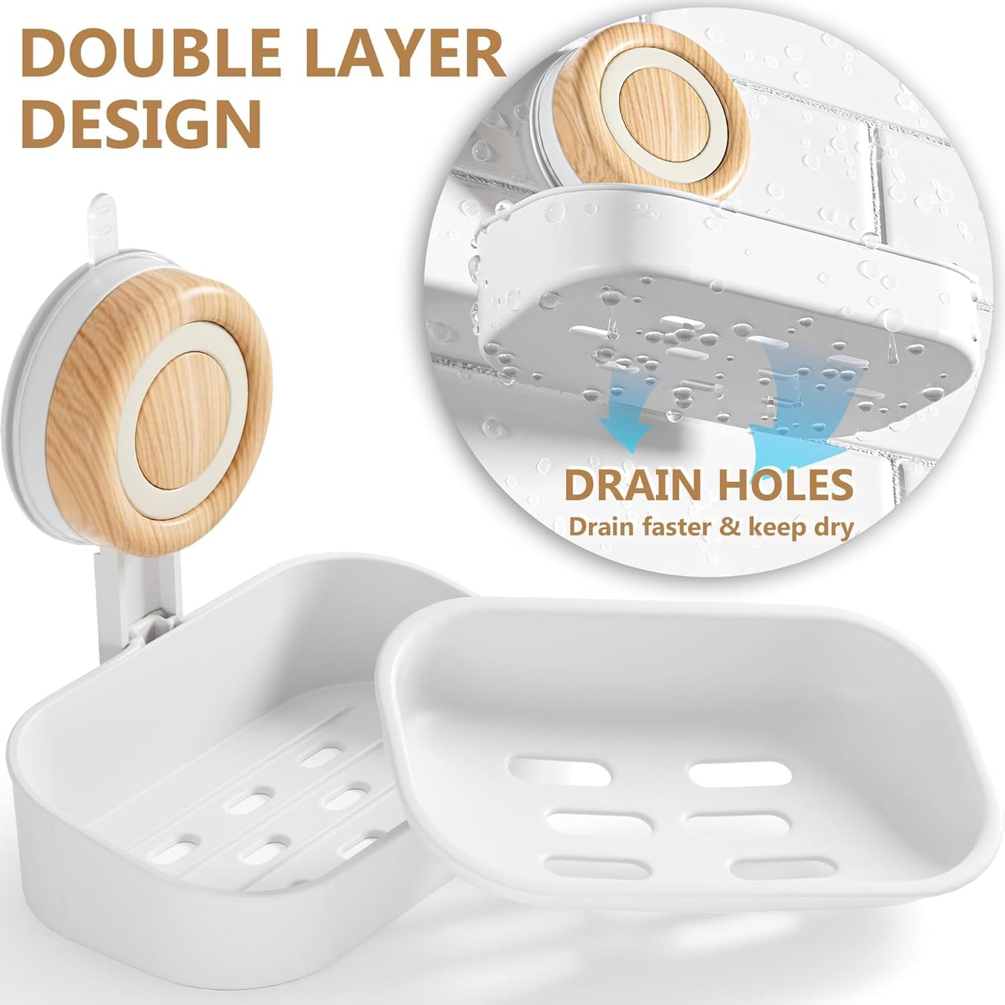 1 Pack Double Layer Soap Dish for Shower, Wall Mounted Bar Soap Holder Suction Cup 2 Layer Self Draining Soap Case Sponge Holder for Shower Bathroom