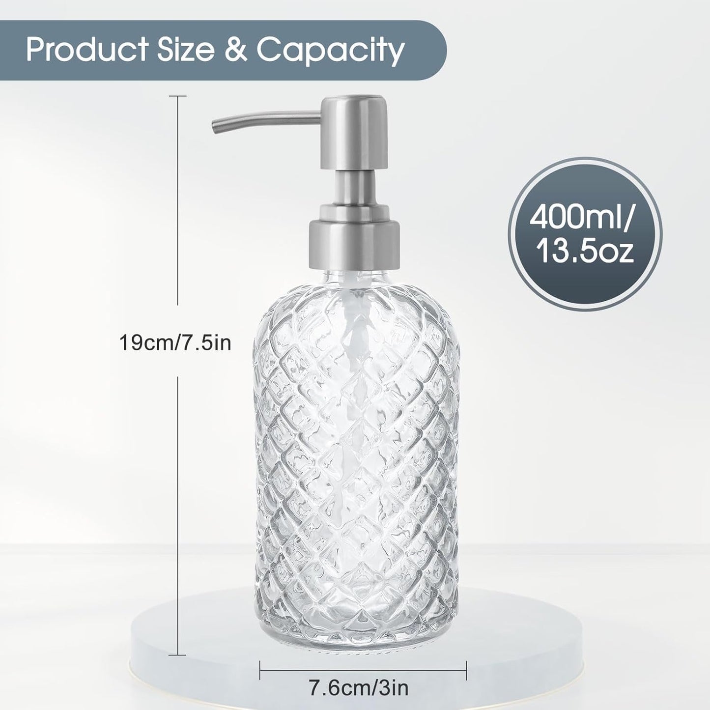 Topsky Glass Soap Dispenser with Silver Metal Pump 400ml Transparent