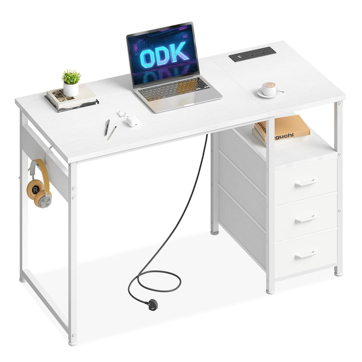 ODK Computer Desk with Drawers, 100cm Office Desk with Sockets, White