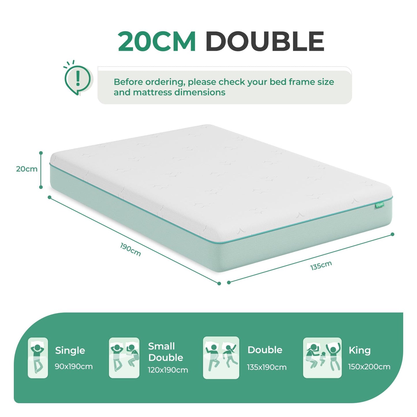 Uliyati Double Mattresses Gel Memory Foam Mattress Medium 135x190x20CM