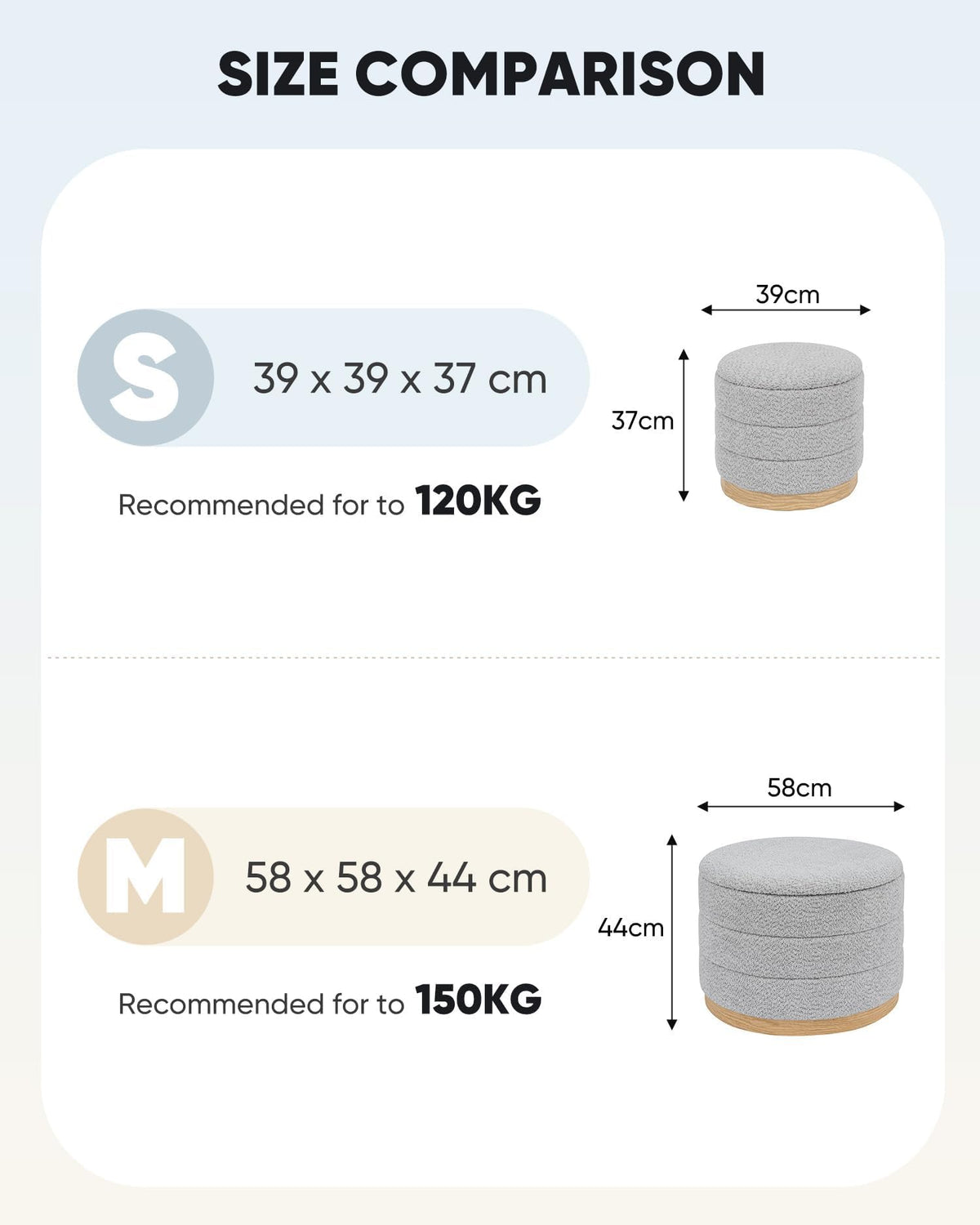 Bonlife Round Chenille Storage Ottoman, Folding Footstool with Table Top, 39X39X37cm, Load Capacity 120kg, for Living Room Bedroom Hallway
