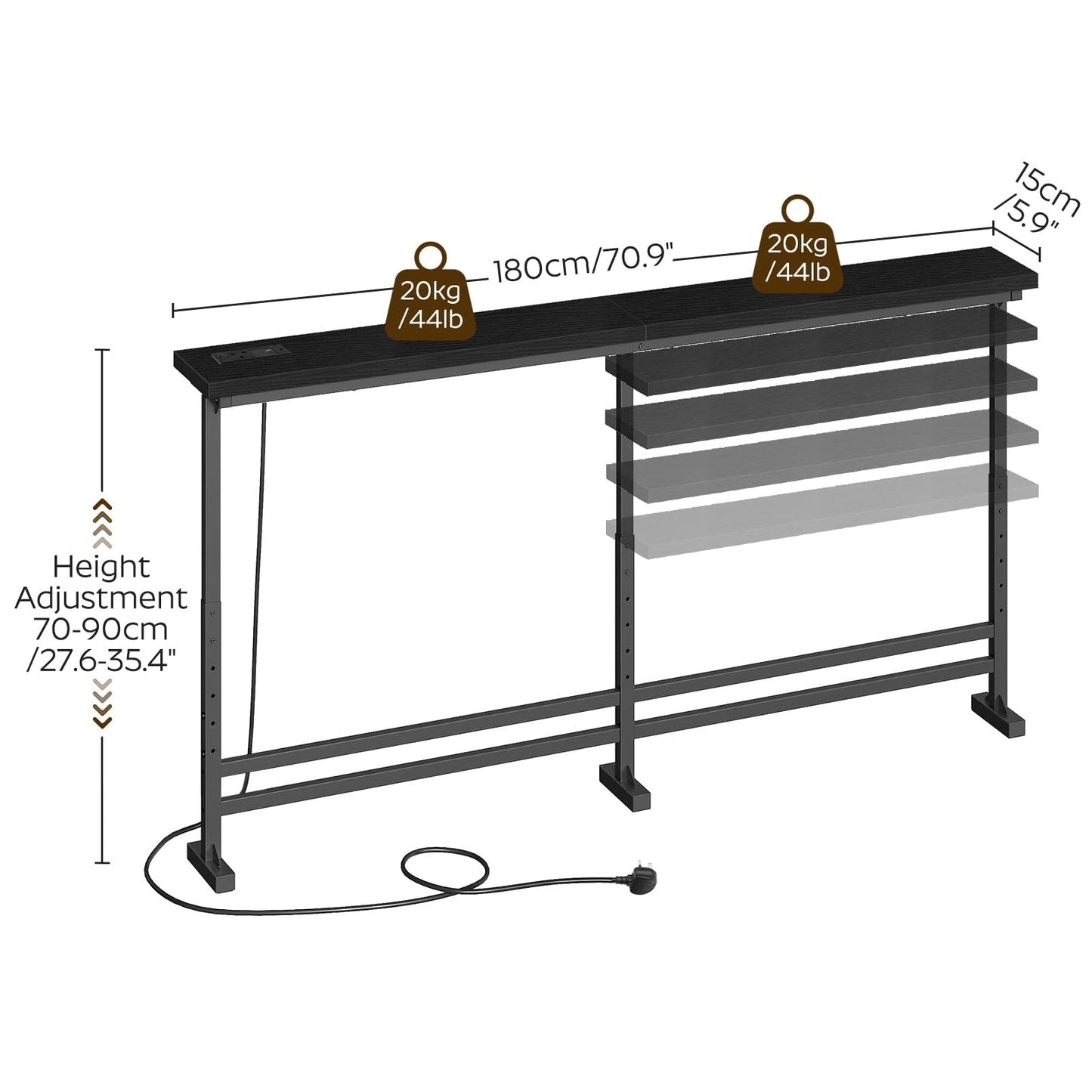 YATINEY 15 cm Slim Console Table, Height-Adjustable Behind Sofa Table, 180 cm Hallway Table, Narrow Long Sofa Table with Power Outlet
