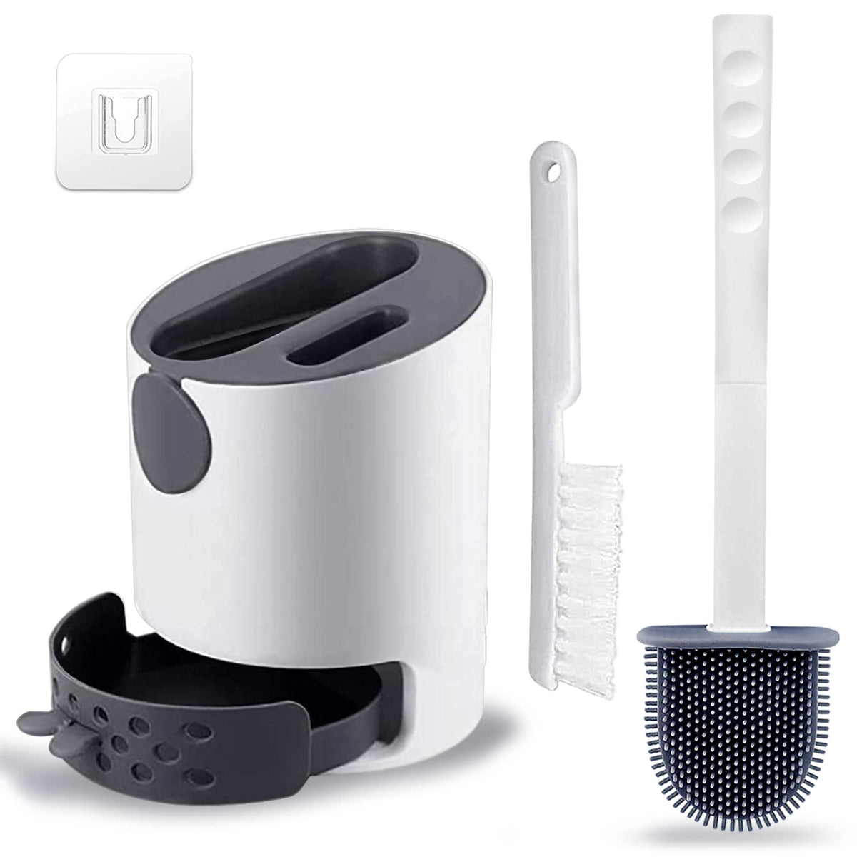 Hulameda [Double-Headed] Toilet Brush and Holder, Non-Slip Handle Soft Flexible Flat Head Bristles Silicone Toilet Brush, Drawer Type Quick Drying