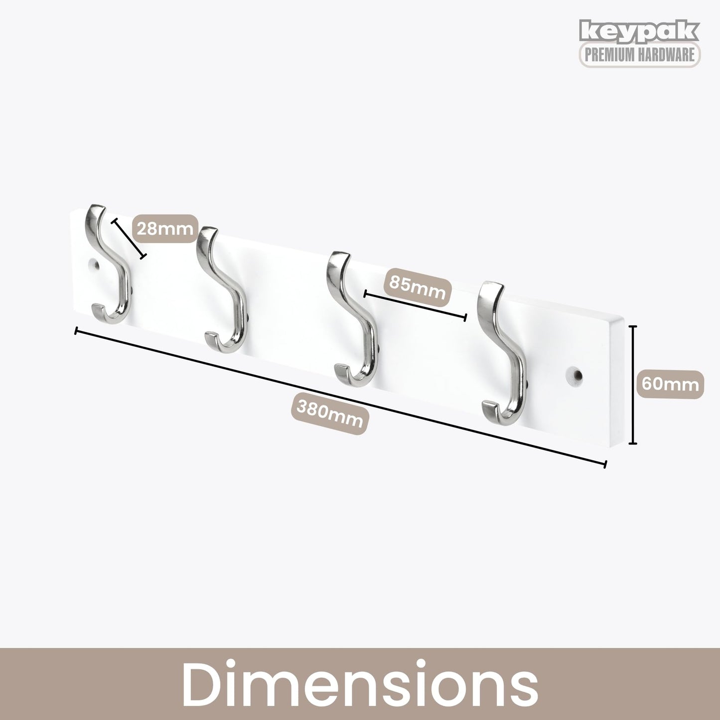 keypak Wall-Mounted Coat Rack – 4 Nickel Hooks on Stylish 38cm White Base