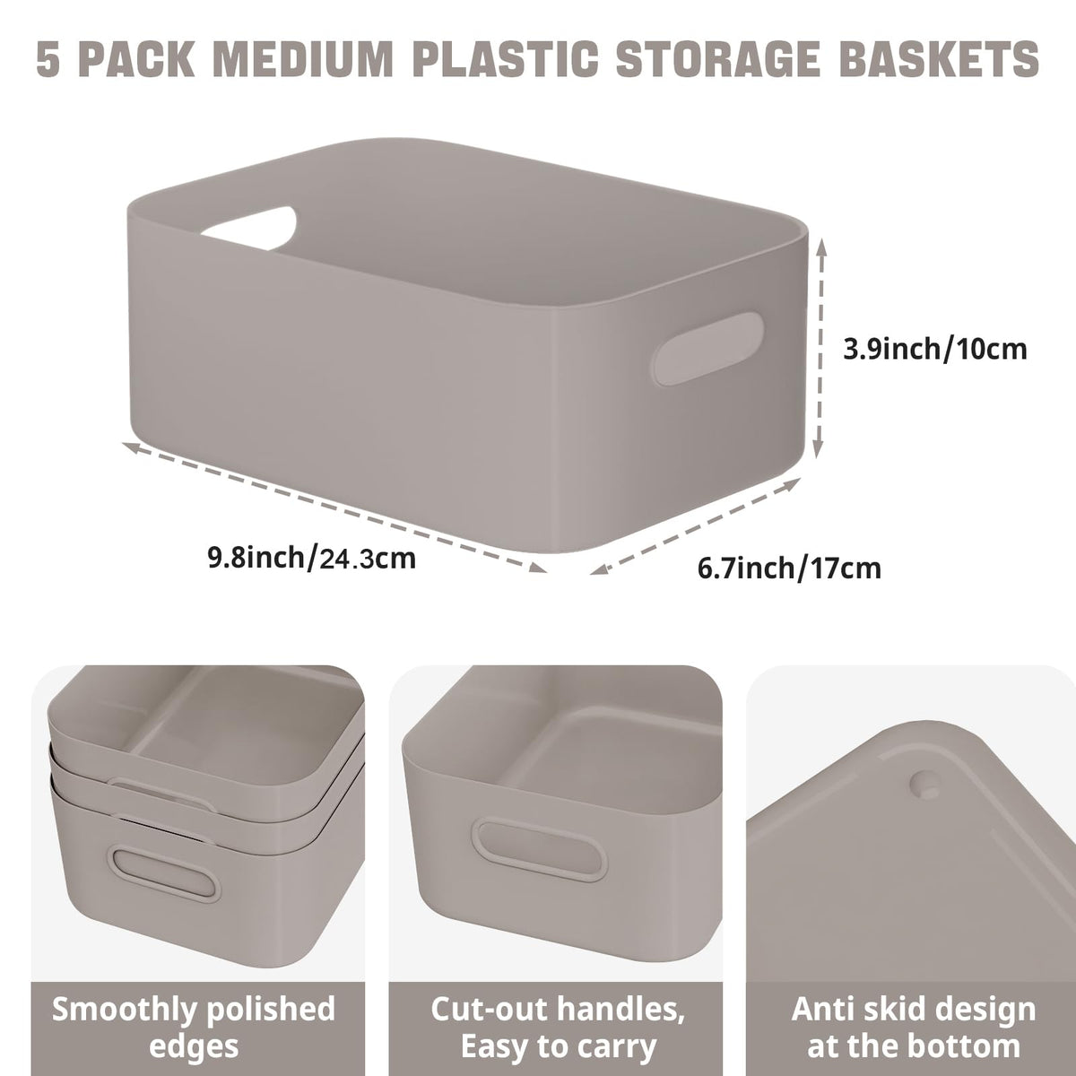 W&H 5 PCS Grey Plastic Storage Baskets with Handle, Medium Kitchen Cupboard Organiser Box, Under Sink Storage Boxes, Plastic Boxes for Bathroom