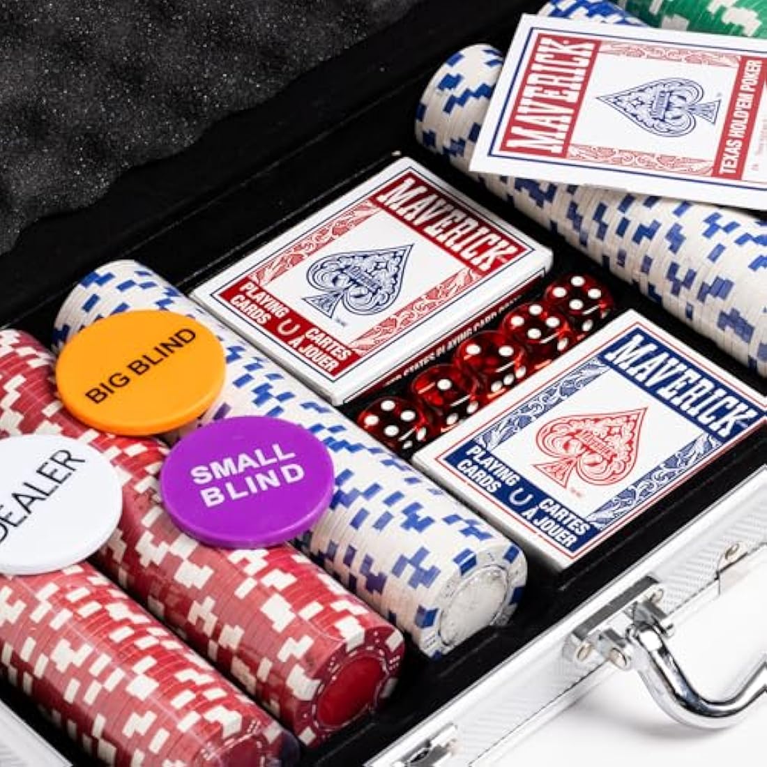 Cartamundi Maverick Texas Hold'em Poker Set, 300 Piece in Aluminium Case with 11.5g Heavyweight Poker Chips, 2 Decks of Playing Cards, Dealer Big Blind and Small Blind Buttons and 5 Dice, Grey