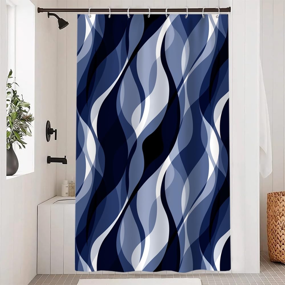 Uiiooazy Shower Curtain, Blue Navy, Shower Curtain, Abstract Geometric Pattern, Stripes, Lines, Shower Curtain, Anti-Mould, Waterproof Polyester