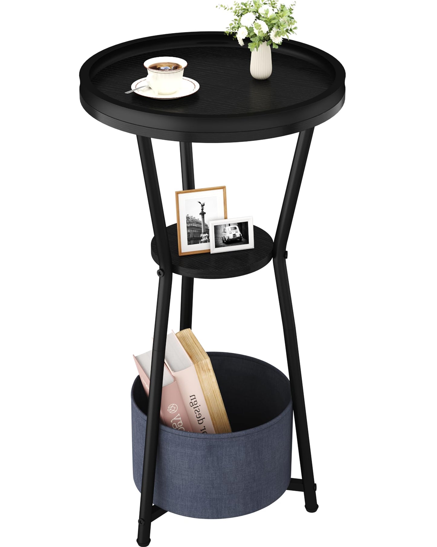 Yusong Round Side Table, Small Drink Table for Small Spaces, 3-Tier Industrial End Table, Accent Nightstand Bedside Table for Living Room, Bedroom