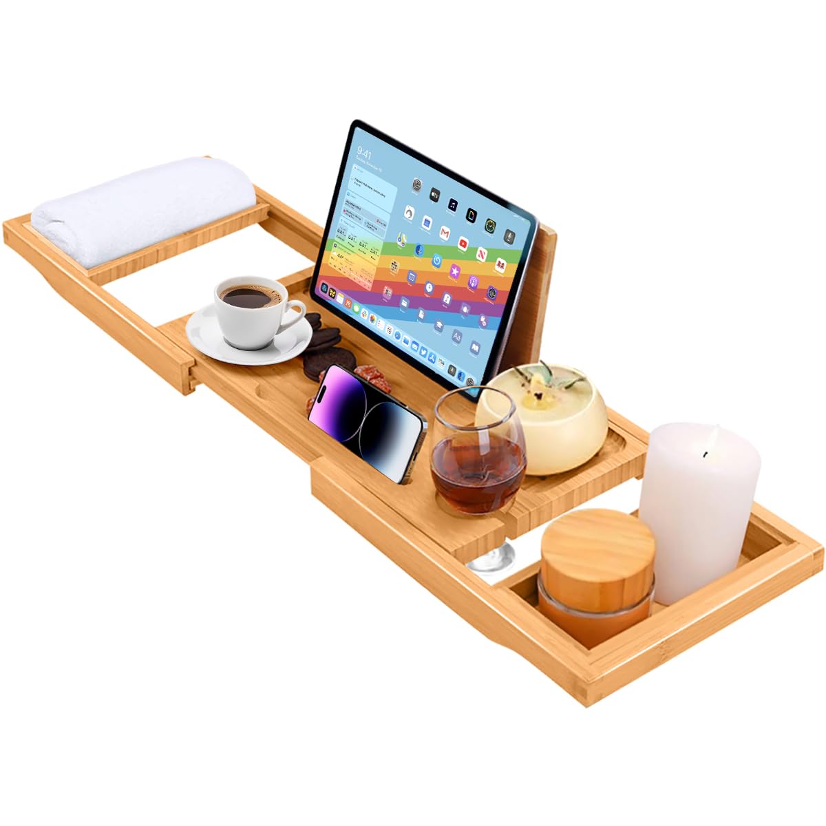 ADOV Bath Tray, Extendable Luxury Home Spa Natural Bamboo Wood Bathtub Shelf Board with Built-in Holder for Book iPad Phone Glass Candle, Adjustable