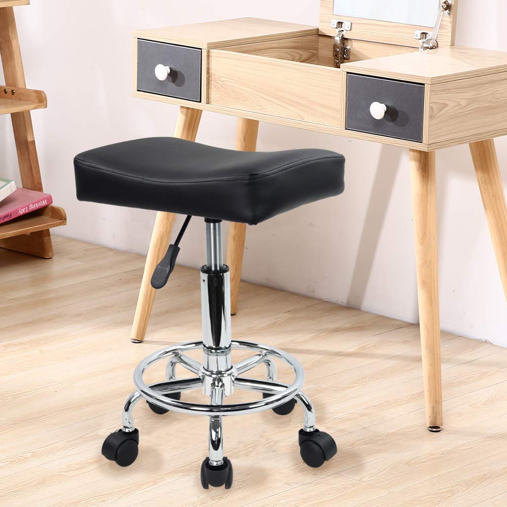 KKTONER Square Rolling Stool PU Leather Height Adjustable Swivel Massage SPA Salon Stools Task Chair with Wheels (Black)