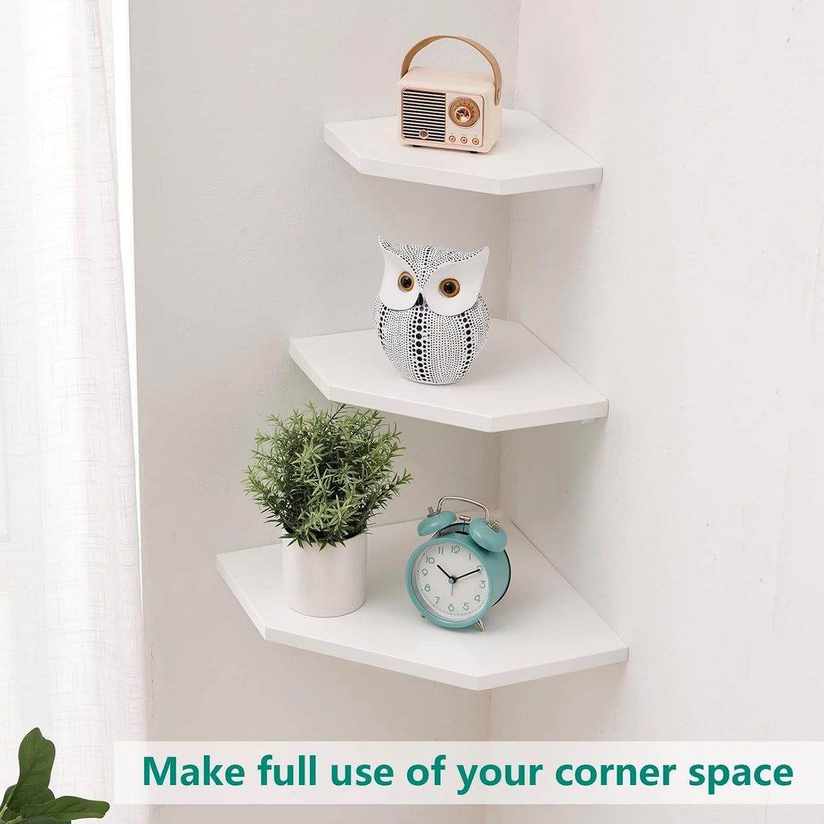 GIEANOO Corner Shelf, Set of 2 Solid Oak Wood White Floating Corner Shelf Wall Mount Organizer with Wire Hole Small Plant Display for Kitchen Living