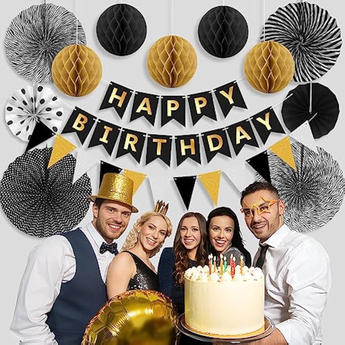 Black Gold Birthday Decorations Kit Reusable Mens Birthday Party Decorations Reusable Black & Gold Banner Bunting Honeycomb by Wonsta