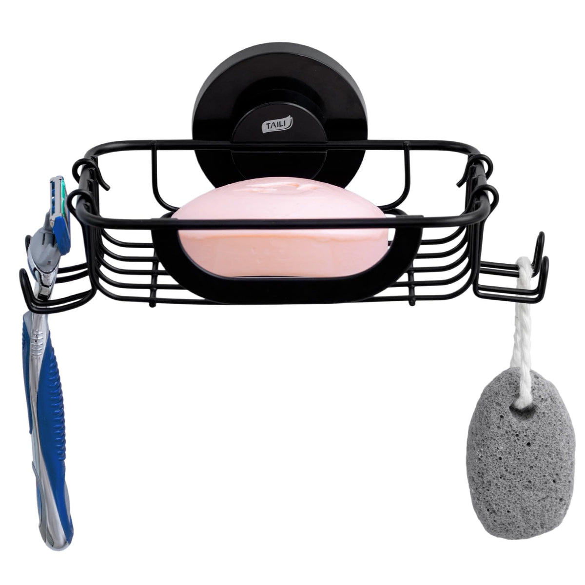 TAILI Black Soap Dish With Hooks for Shower, Max Hold 5 KG Suction Soap Holder for Bathroom, Bathtub, Wall Mounted, Waterproof, Drill-Free, Removable