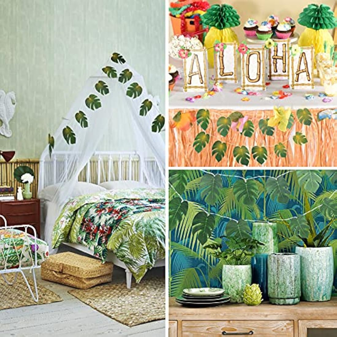 Monstera Leaf String Lights 2 Pack, 20 LED Tropical Artificial Rattan Palm Leaves Wall Hanging Vine Leaf, Summer Decoration for Outdoor Indoor Hawaiian Luau Party Jungle Beach Theme Party Decorations