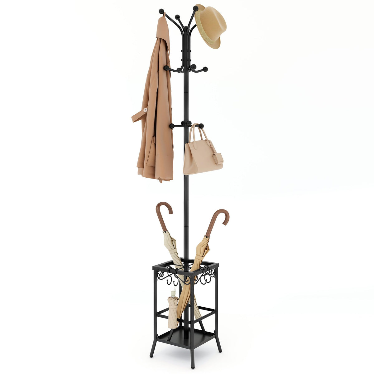 Hoctieon Coat Rack Freestanding, Coat Tree with Umbrella Holder, Metal Coat Rack Stand with 12 Hooks, Standing Coat Hanger Stand