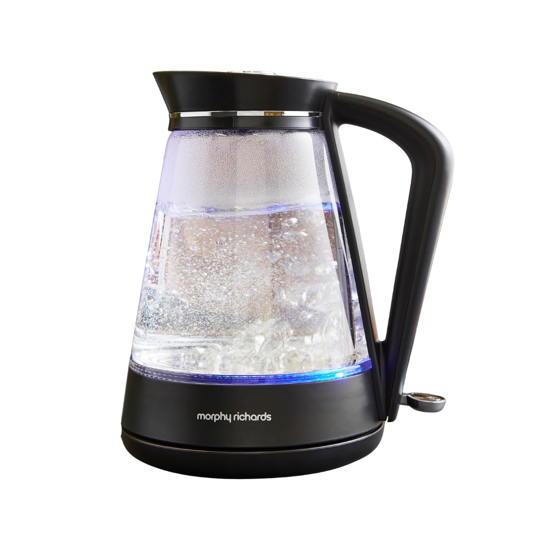 Morphy Richards Glass Kettle, 1.7L, Illuminated, Premium Glass, 3kw Rapid Boil, 360 Base, Blue Light Indicator, Water Level Indicator, Dry Boil