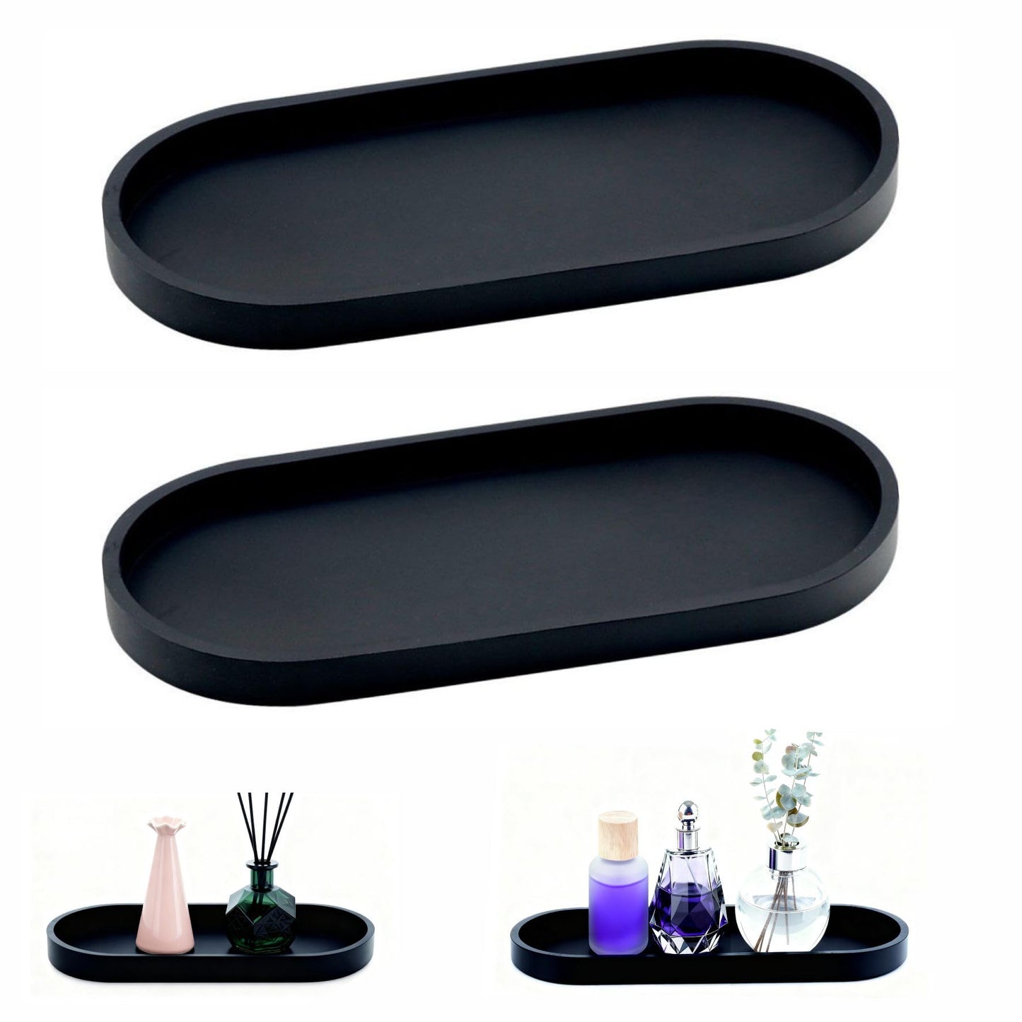 TAIVIN 2 Pcs Bathroom Tray, Black Silicone Vanity Tray,25x11x2 cm