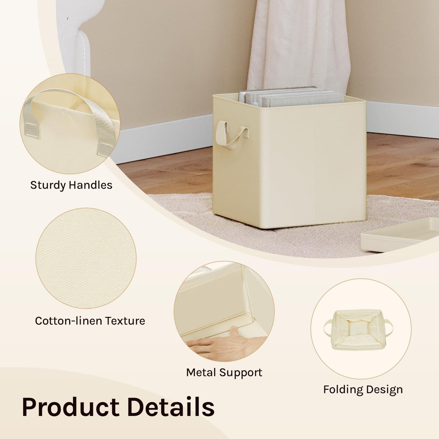 WOLTU Fabric Storage Boxes Set of 3, Folding Baskets with Lids, Handles, Metal Frame, Wardrobe Toy Organisers for Living Room, Bedroom, Office, Cream