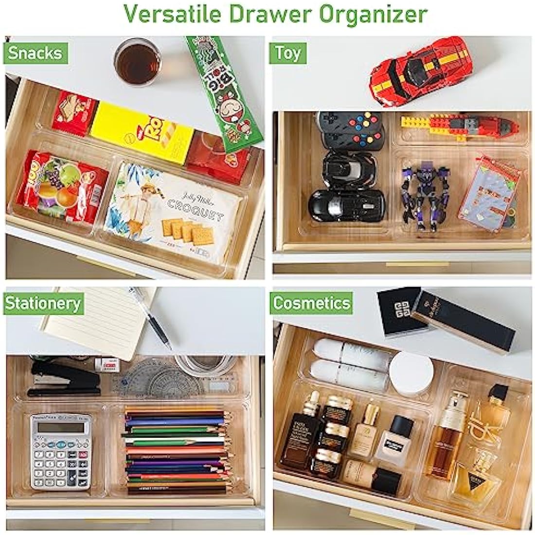 Giklux 6 Pcs Clear Kitchen Drawer Organiser Trays, Acrylic Desk Drawer Dividers Organisers for Cutlery, Kitchen, Cosmetics, Makeup, Utensils, Vanity, Office, Stationery, Plastic Draw Storage Organiser