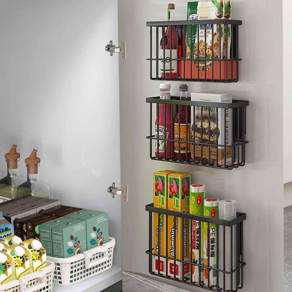 EigPluy 3 Pieces Kitchen Cabinet Door Storage Box, Self-Adhesive Storage Box, Wall Mounted Metal Storage Boxes,Cabinet/Bathroom/Fridge Small Items