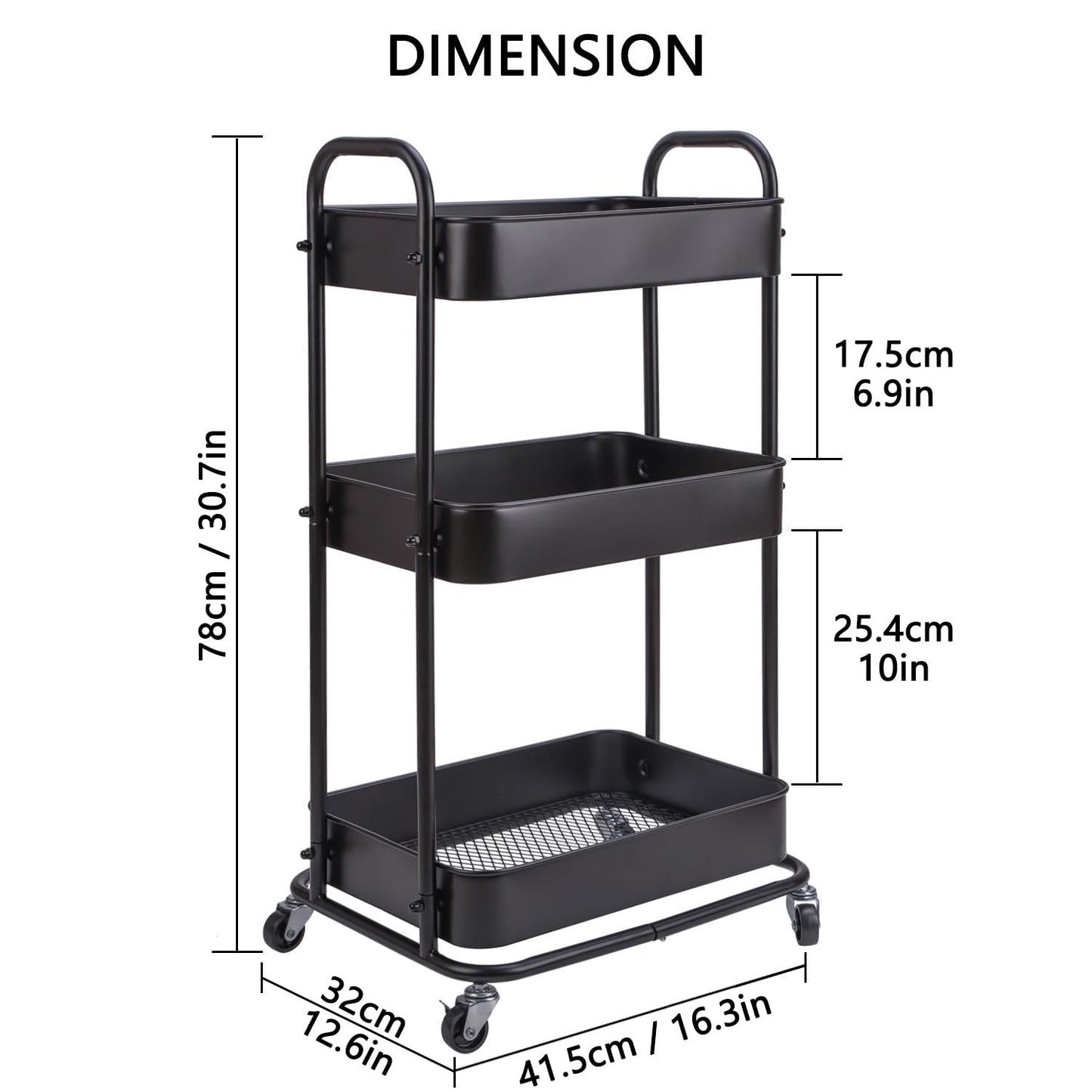 Jowkou 3-Tier Metal Rolling Storage Trolley on Wheels with Lockable Casters | Slim Utility Cart for Kitchen, Bathroom, Bedroom, Beauty