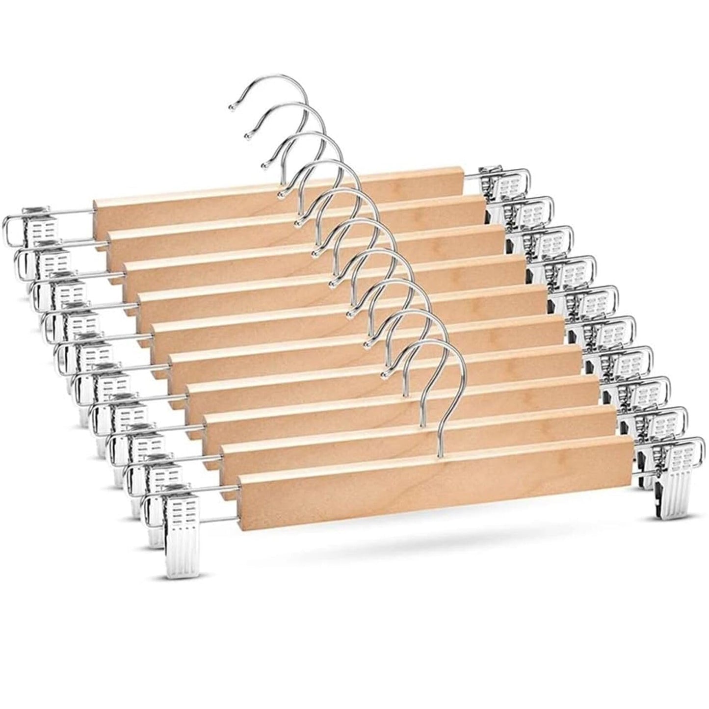 Niulab 35cm Heavy Duty Wooden Trouser Hangers, 10PCS Space Saving Pants Skirt Hangers with Adjustable Clips