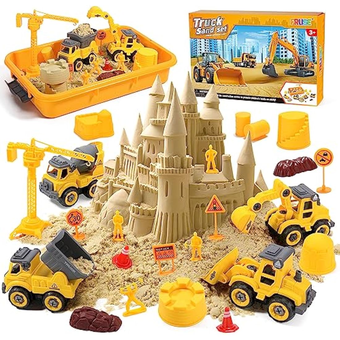 FRUSE Play Construction Sand Kit,Sand Box Toys Set with Play Sand,4 Take Apart Construction Trucks,4 Castle Molds,Sandbox with Lid,Sensory Toys for Kids Boys Girls Age 3-8