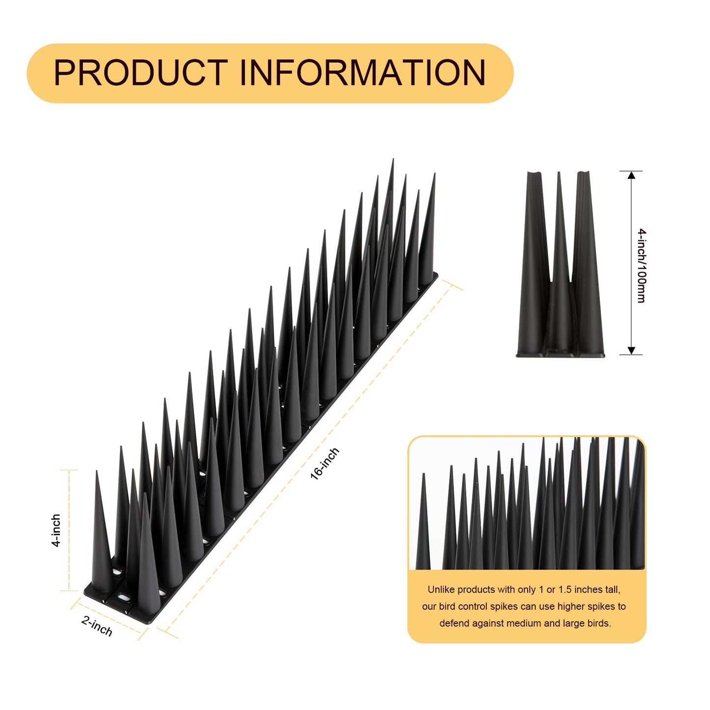 OFFO Bird Spikes High for Anti Pigeons Spikes to Keep Bird or Animals Away, Fence Spikes of Bird Deterrent Covers 12m, Height 10cm,Black