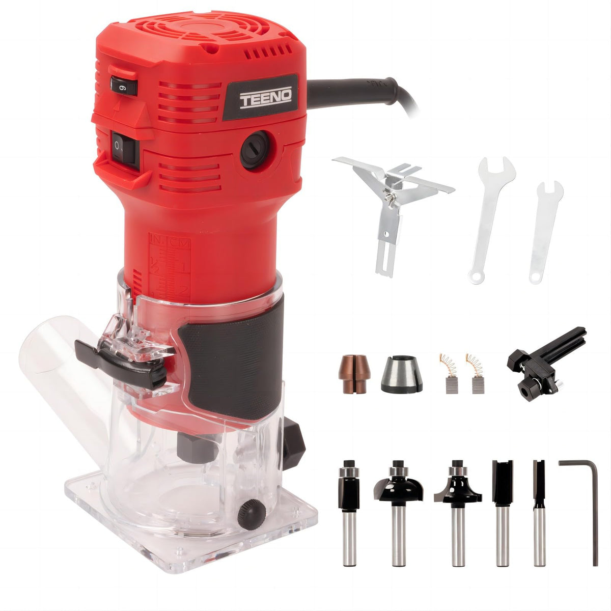 TEENO Compact Electric Hand Wood Trimmer 650W 15000-32000 RPM,with Dust Cover,6 Variable Speeds,Profession Router Trimmer with 5PCS 1/4" Shank Router