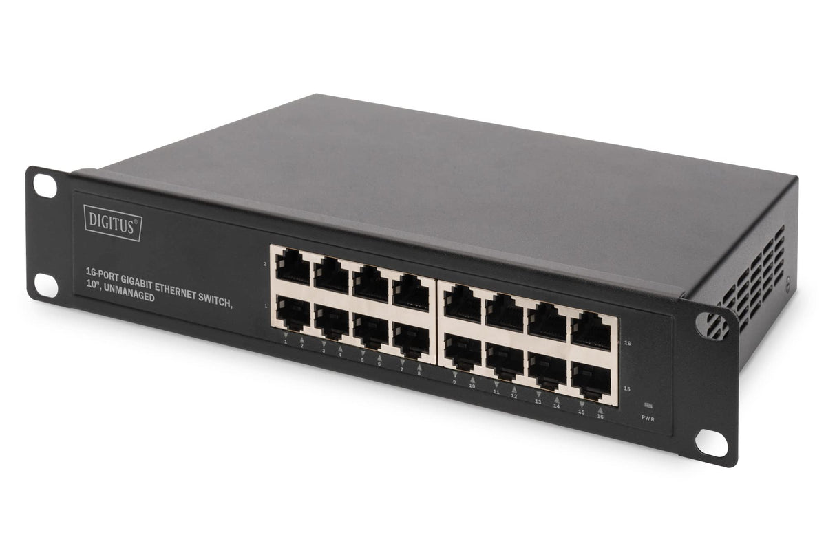 DIGITUS Gigabit Ethernet Network Switch - 10 inch - 16 ports - Unmanaged - Backplane 32 Gbps - Auto MDI/MDI-X - Black