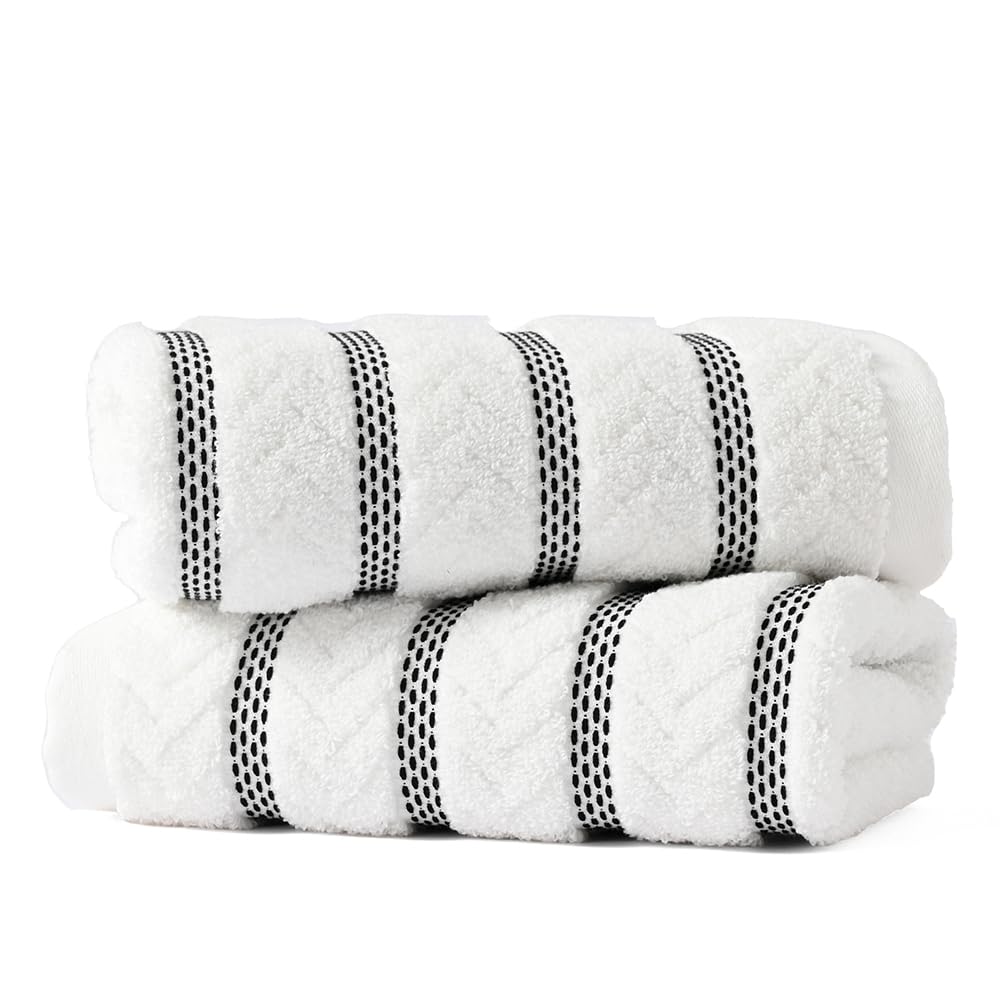 sense gnosis 100% Cotton White Hand Towel Set of 2 Thick Jacquard Ribbed Striped Soft Quick Dry and Absorbent Bathroom Decorative Hand Towel 13 x 29