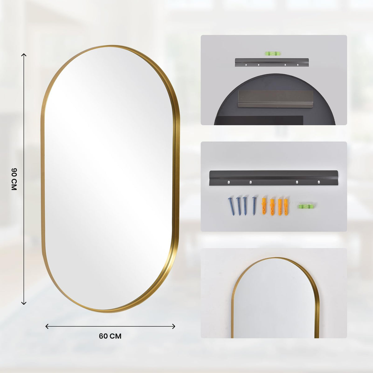 LunaMirror Wall Mirror Oval 60x90 CM Wall-Mounted Bathroom Vanity Mirror Stylish Gold Mirror Wall Decor Rectangle Wall Hanging Mirror with Curved