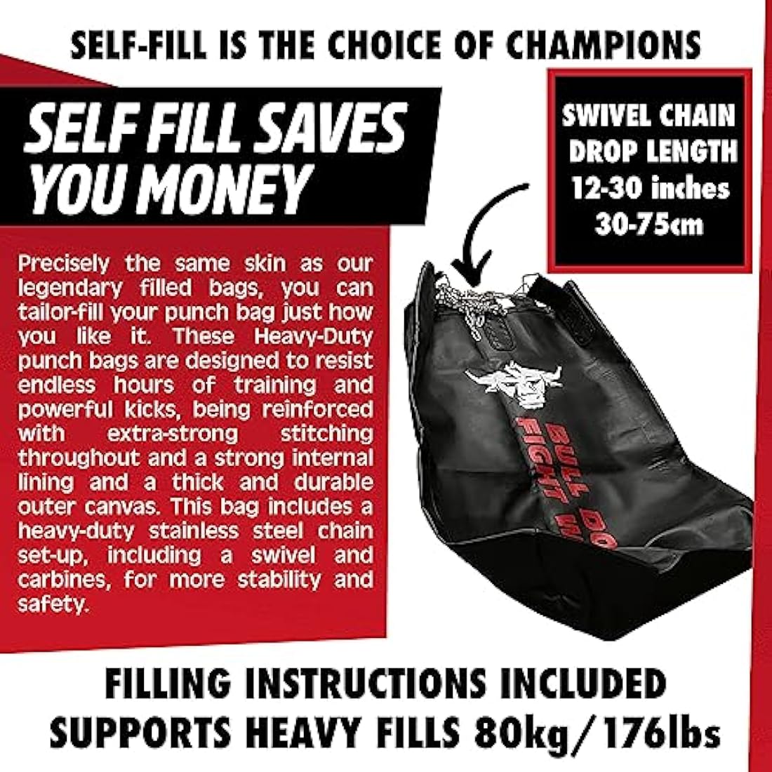 BULLDOZA Heavy-Duty Self-Fill XL Tank Punching Bag – 4ft & 5ft Boxing Bag with Chains, Swivel & Carabiners – Pro-Grade for Boxing, MMA, Kickboxing & Fitness