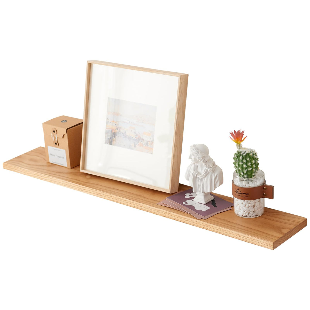 TREOAKWIS Wooden Floating Shelf, Oak Wall Shelf Rustic Floating Solid Wood Bookshelf Wall Mounted Display for Magazine Living Room Bathroom Bedroom