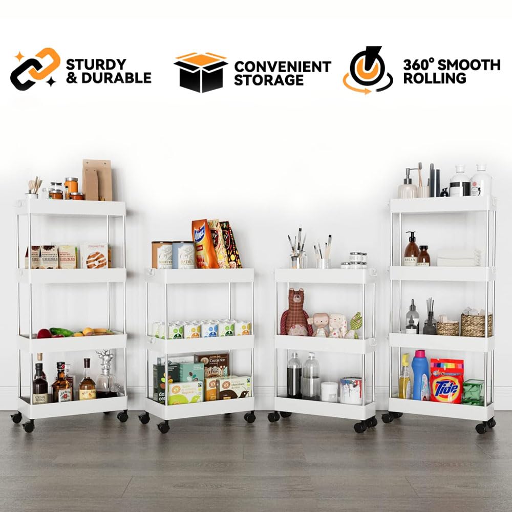 3-Tier Narrow Slim Storage Trolley Cart Slide-out Utility Mobile Shelving Space Organizer Shelf Rack Storage Cart on Wheels for Kitchen Bathroom