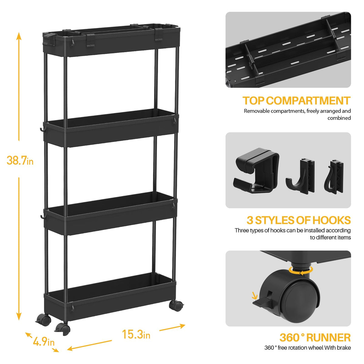 SAKA Slim Storage Cart,4 Tier Bathroom Rolling Utility Cart Storage Organizer Slide Out Cart