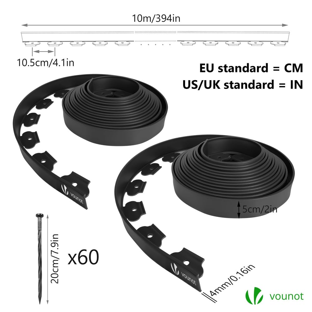 VOUNOT 20m Flexible Lawn Edging, Plastic Garden Edging Border with 60 Strong Securing Pegs, Height 5cm, Black