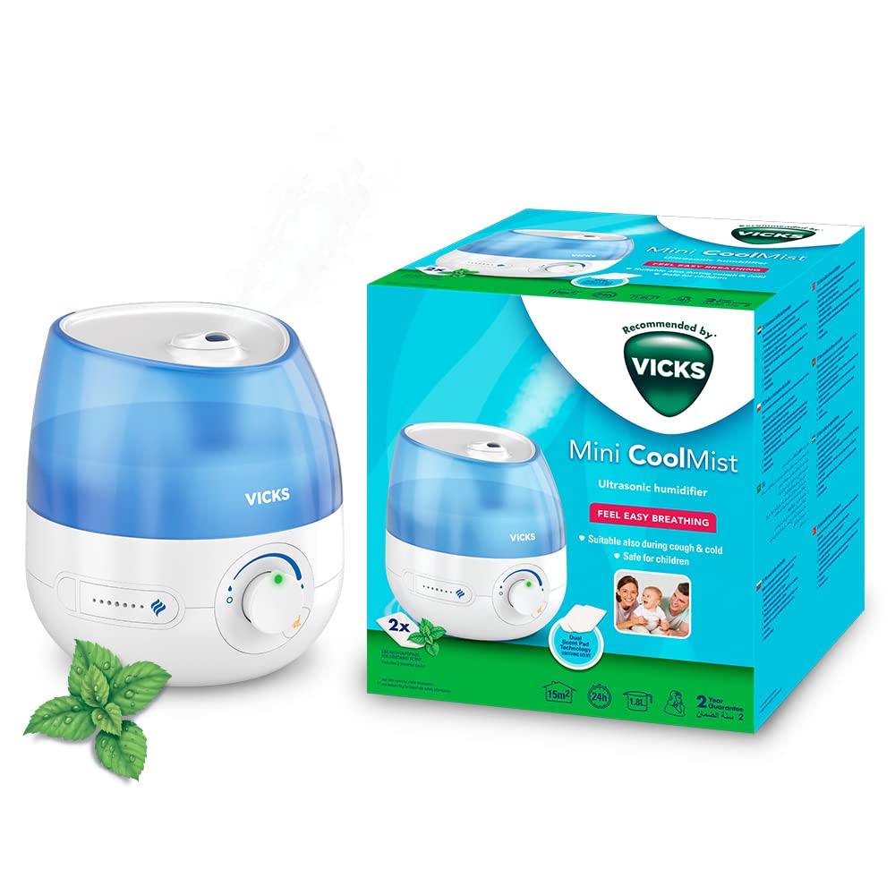 Vicks Mini Cool Mist ultrasonic humidifier - Adjustable mist control - 1.8 L Tank - Home use in bedrooms, offices, nurseries - Rooms to 15m2 - Quiet