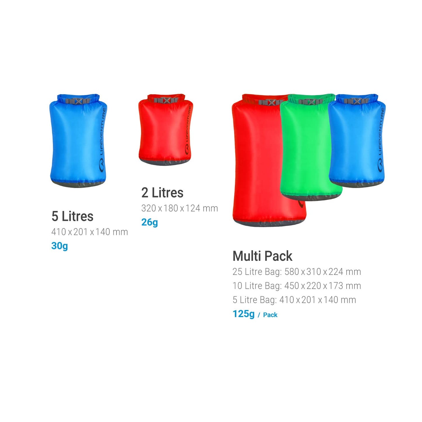 Lifeventure Ultralight Dry Bag Multi-Pack, Siliconized Rip-Stop Fabric With Fully Taped Seams