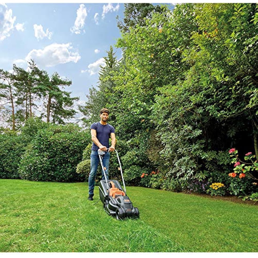 Black+Decker BEMW351GL2 Electric Lawnmower/Trimmer Kit (1,000 W, 32 cm Cutting Width, Triple Axial Cutting Height Adjustment, 35 L Grass Catcher Container, Includes 200 W Single-Handed Grass Trimmer)