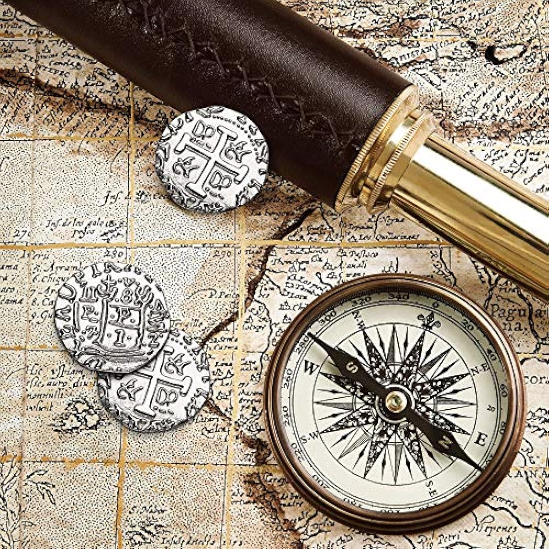 Large Silver Metal Pirate Coins - 100 Silver Treasure Coin Set, Metal Replica Spanish Doubloons for Board Games, Tokens, Toys, Cosplay - Realistic Money Imitation, Pirate Treasure Chest - Size: 27 mm