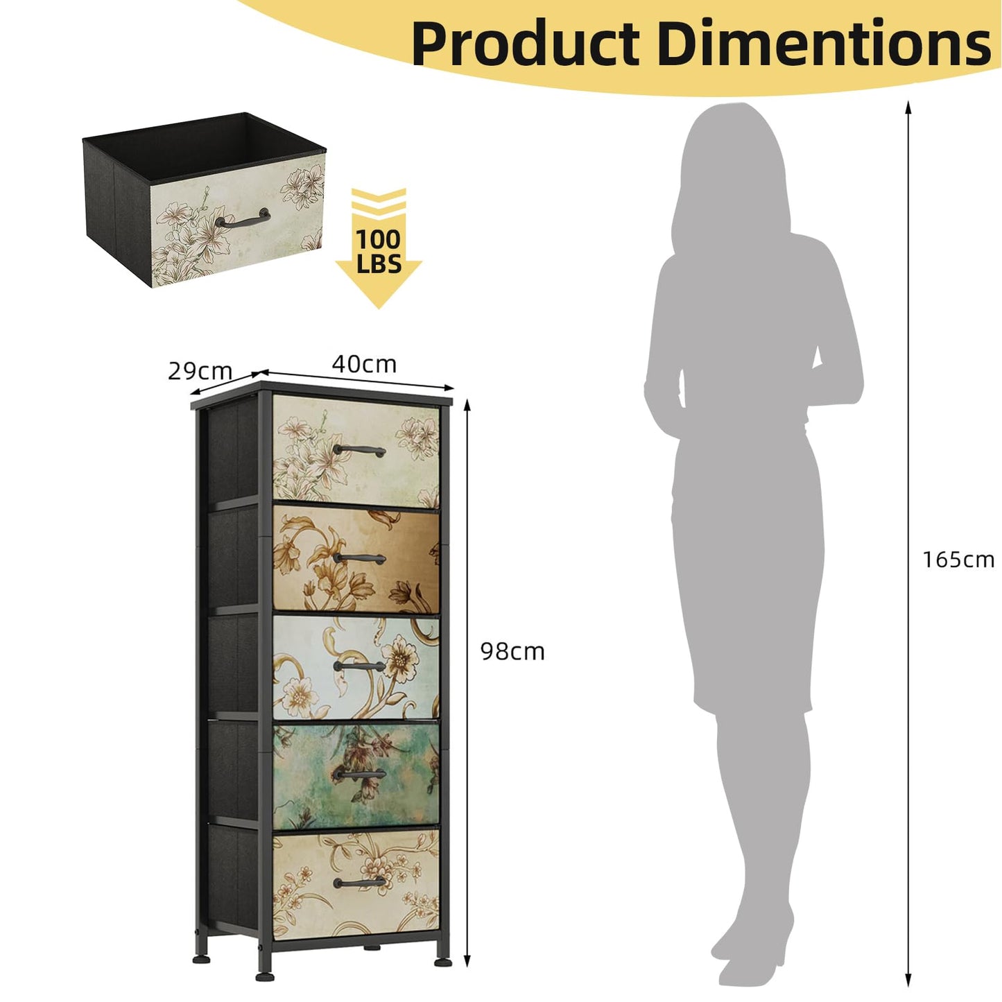 CAIYUN Chest of Drawers Bedroom with 5 Drawers, Tall Fabric Dressers with Flower Printing, Dresser for Entryway Hallway Living Room, Closet Storage