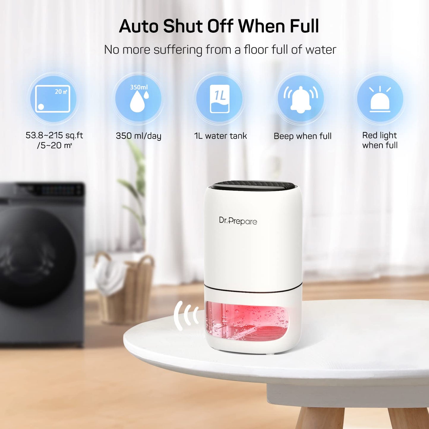 DR.PREPARE Dehumidifiers for Home, 2-in-1 Dehumidifier and Air Purifier with Filter, Auto Off & Timer, Ultra Quiet, Low Energy Portable Small Electric