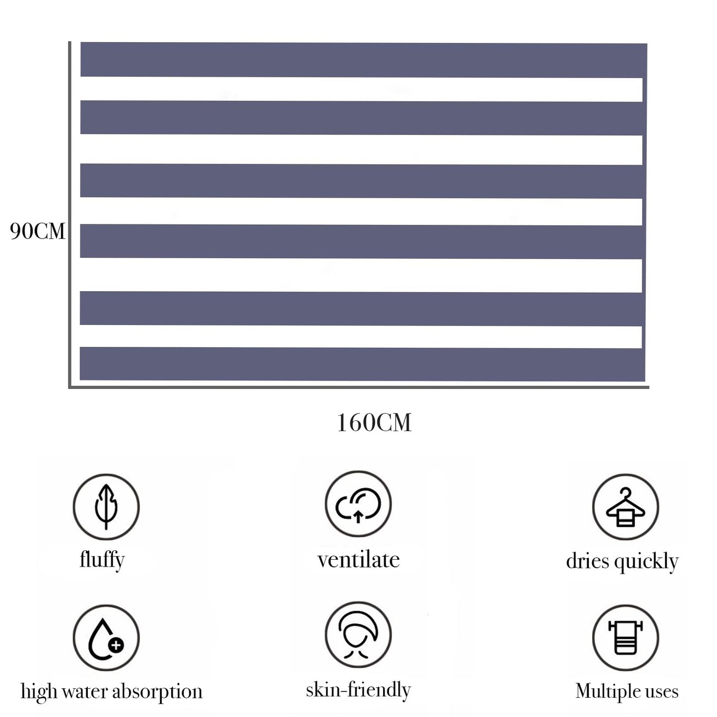 Large Quick Dry Microfibre Beach Towels for Adults,160X90cm Double Sides Grey Stripe Bath Towel Travel Towels with Pockets,Lightweight Beach Towel