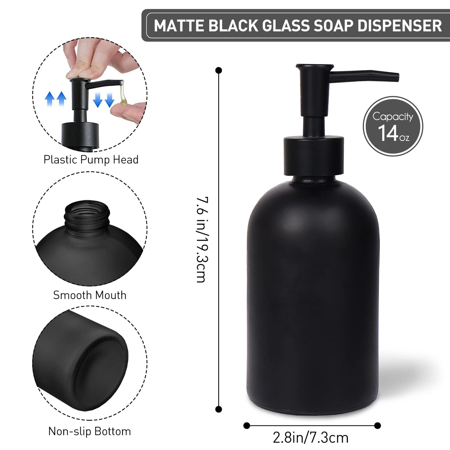 Topsky Glass Soap Dispenser with Rustproof Plastic Pump, 410ml Black