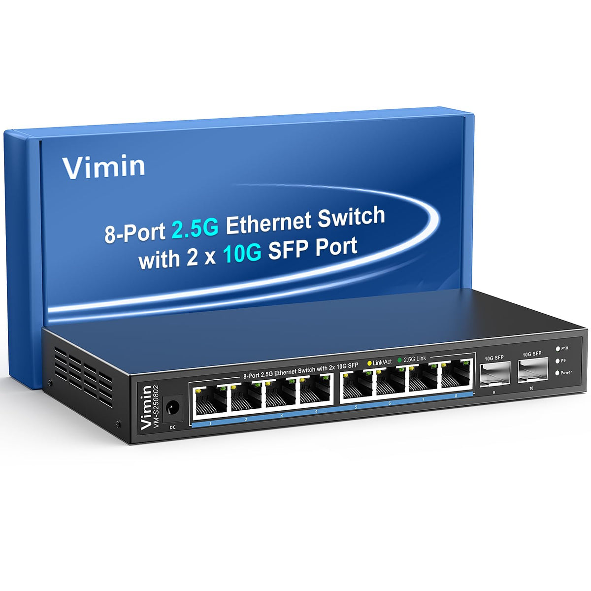 10 Port 2.5G Switch Unmanaged, VIMIN 8X 2.5G Switch base-T Ports+2X 10G SFP Port, 80Gbps Switching Capacity, 2.5G 8 Port Ethernet Switch, Metal