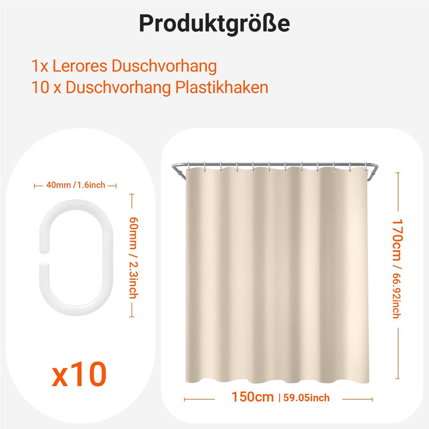 Lerores Shower Curtain, 150 x 170 cm, Beige, Weighted Hem, Anti-Mould Textile, Water-Repellent, Washable Polyester Fabric Bath Curtains for Bathroom